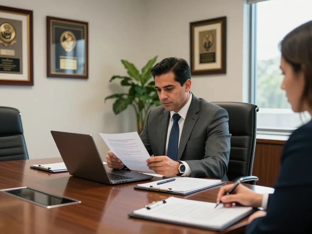 Tampa criminal defense attorney Dan Fernandez consulting with a client in a modern law office, showcasing professionalism and expertise.
