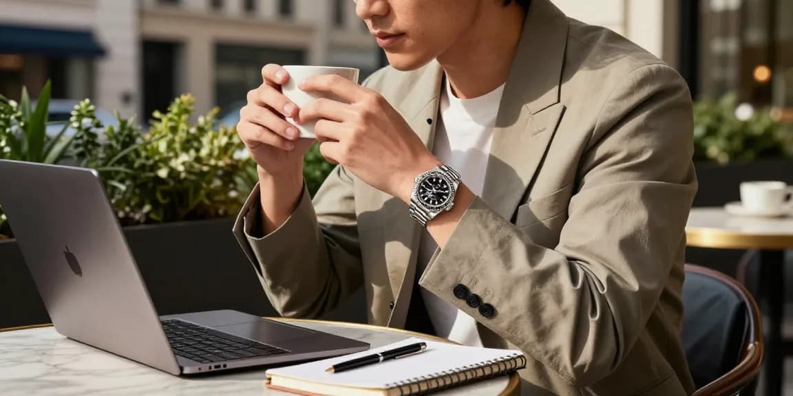 Stylish individual showcasing a luxury rolex super clone watch while enjoying coffee at an urban café.