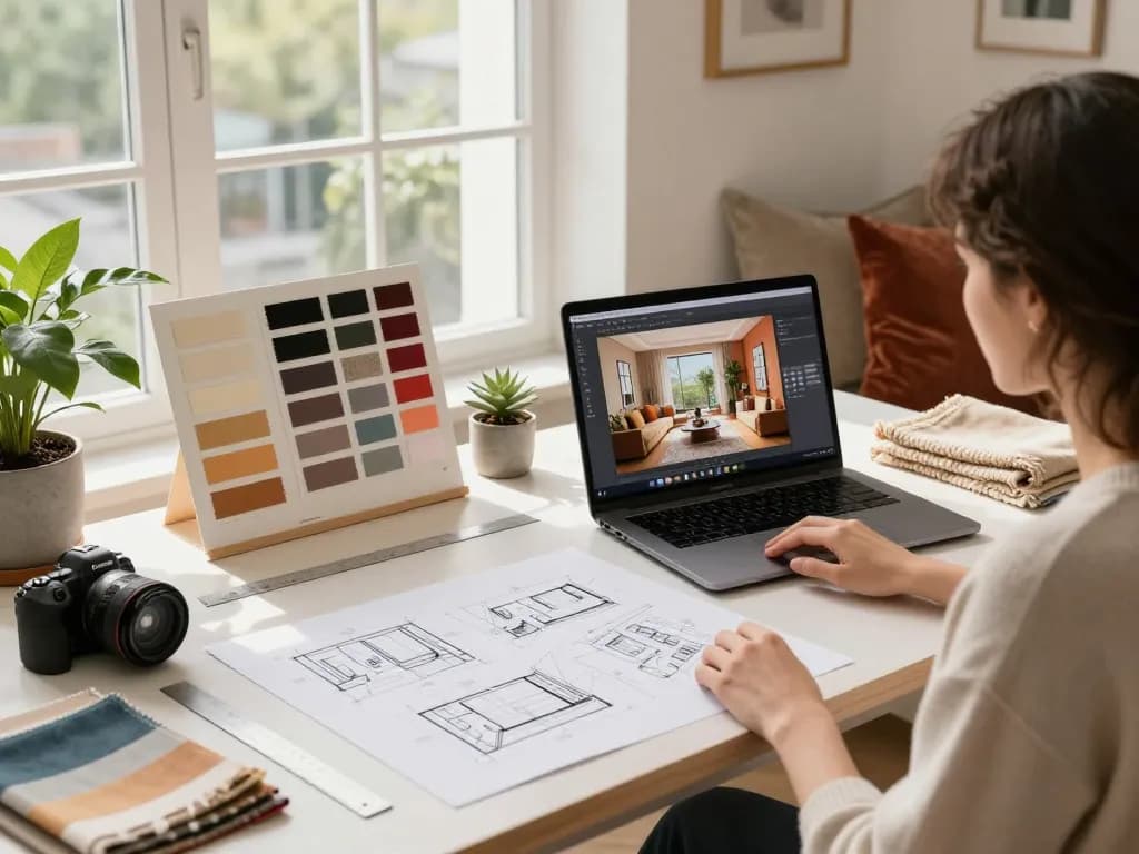 Espace de travail d'un décorateur mettant en avant des designs et des décorations vibrants à Béziers.