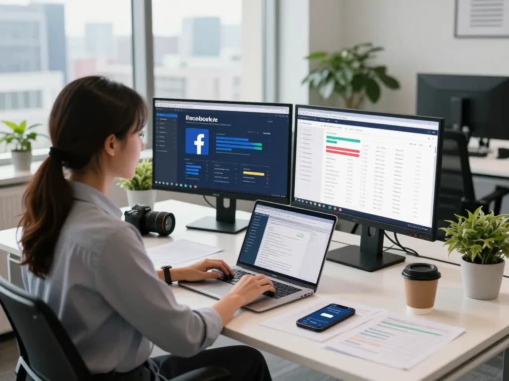 Engaging workspace illustrating the benefits of a facebook agency account for rent, showcasing ad campaign management and data analysis.