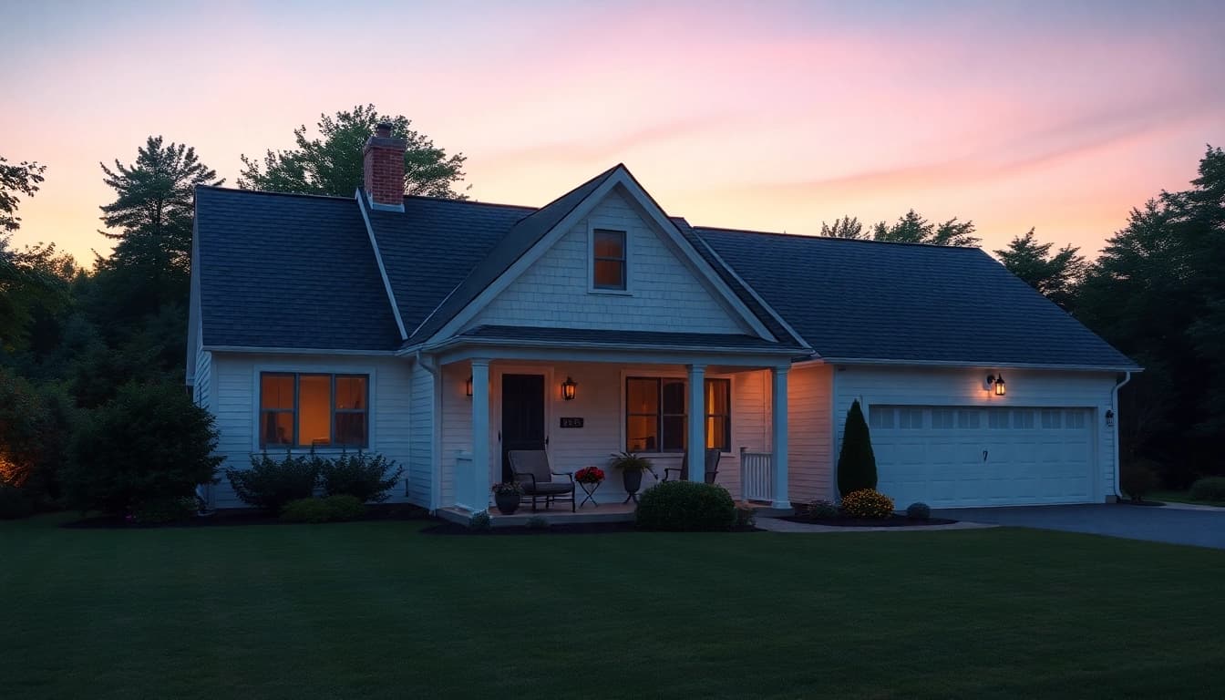 Cape Cod homes with expanded living space and attached garage surrounded by greenery.