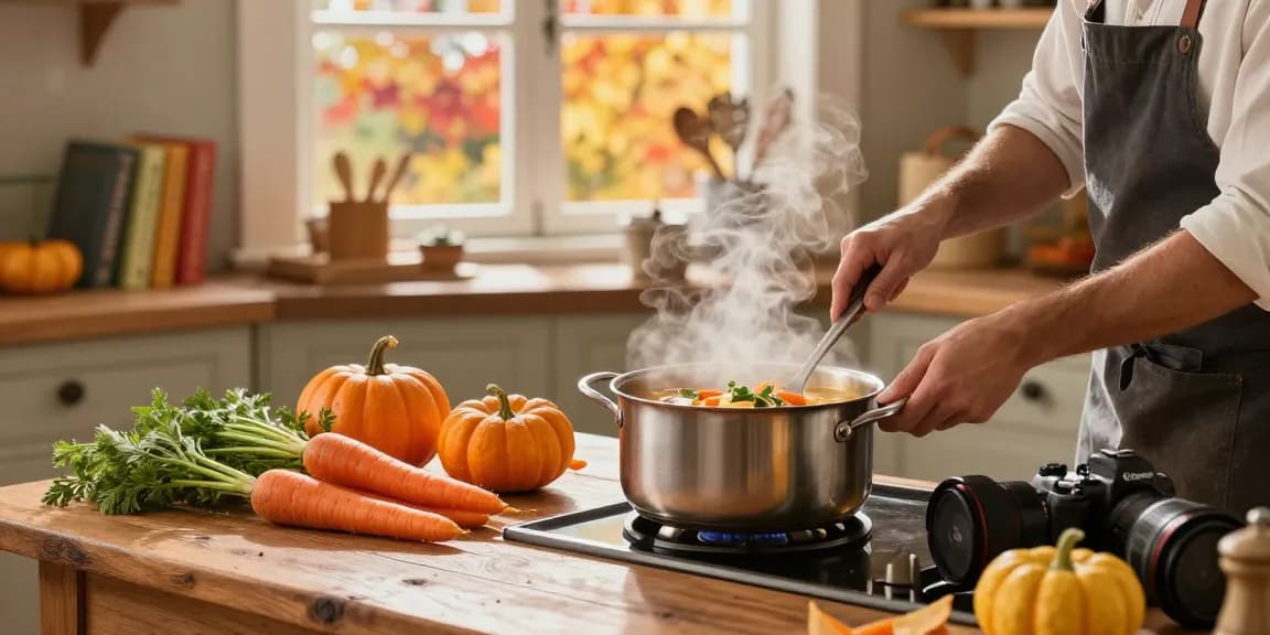 Leckere Zubereitung von vegetarischer Suppe mit frischen Zutaten in einer gemütlichen Küche.