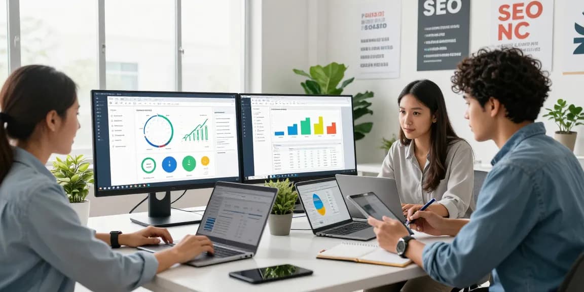 SEO professionals brainstorming link building services strategies in a modern office.