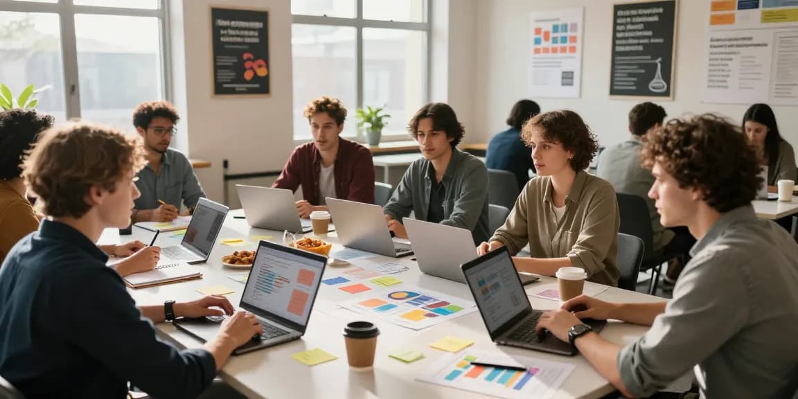 Engaged group of small business owners in a marketing course for small businesses brainstorming strategies in a co-working space.