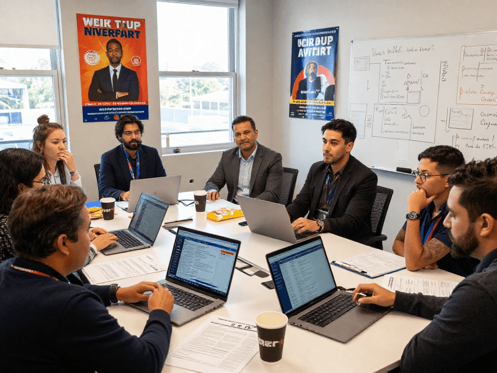 Political campaign team discussing peer to peer texting for campaigns with data analytics in a collaborative office