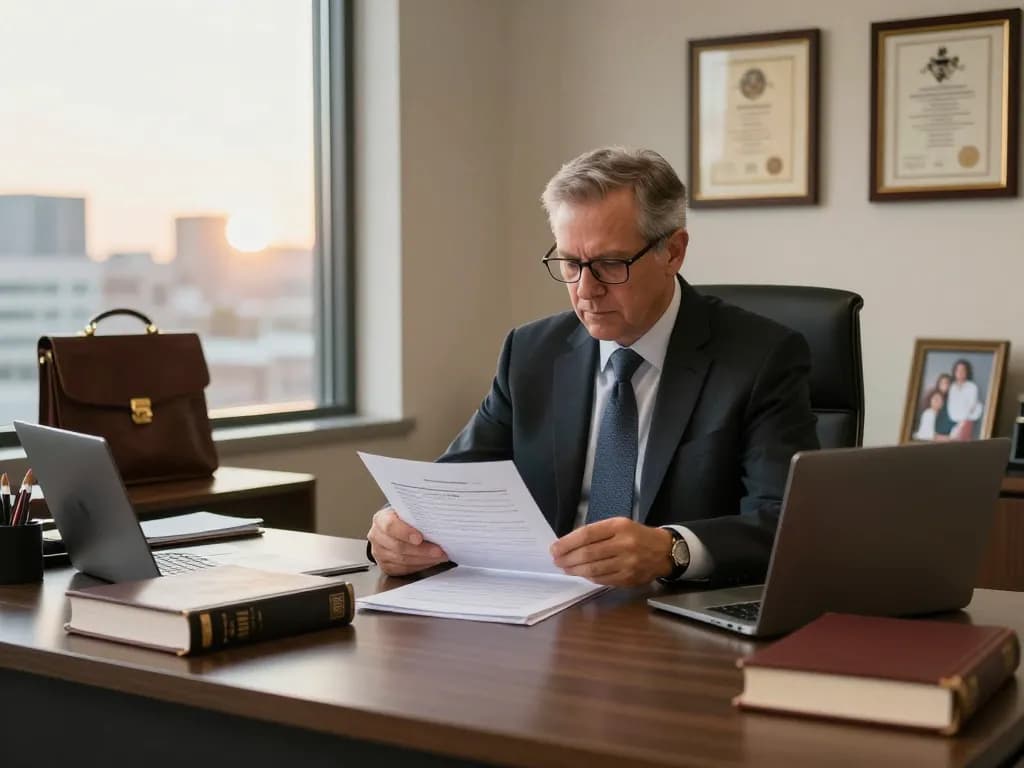 Alexandria Personal Injury Lawyer reviewing case files in a professional law office setting.