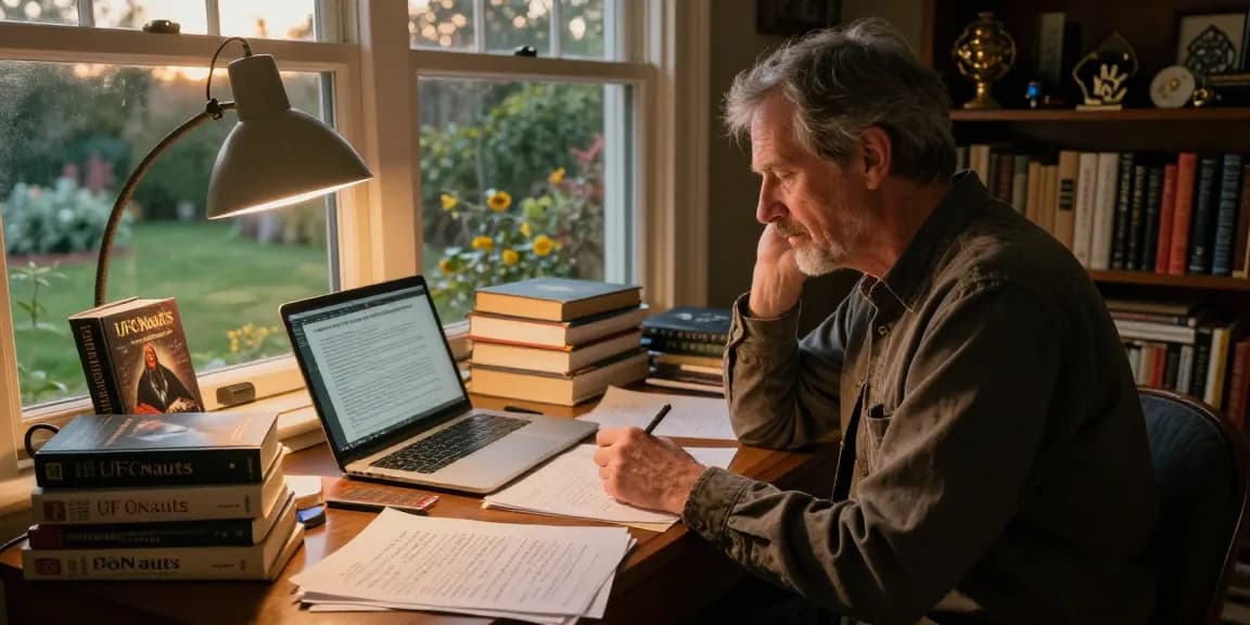 T Allen Greenfield at his writing desk, showcasing books like UFOnauts and a cozy writing atmosphere at https://tallengreenfield.com.