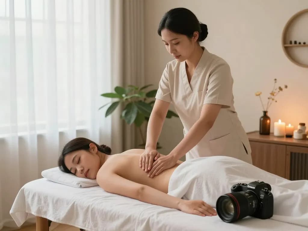 Massage therapy session in a serene spa room with calming ambiance and essential oils.