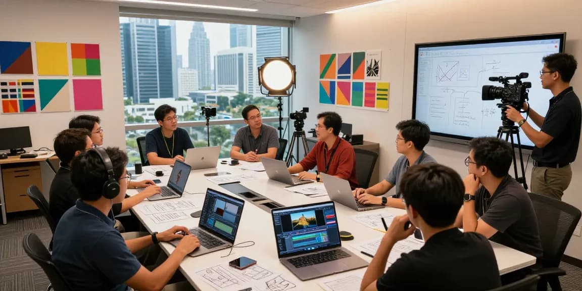 Singapore Corporate Video Production team collaborating on creative projects in a modern studio with skyline views.