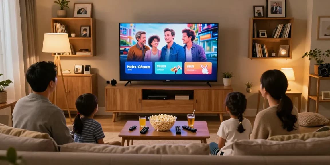 Family enjoying Iron TV streaming services in a cozy living room setting, featuring a smart TV displaying a movie.