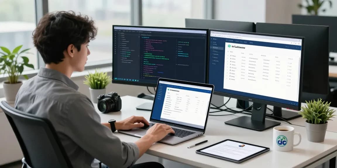 Engineer developing an age verification system in a modern tech office showcasing biometric data.