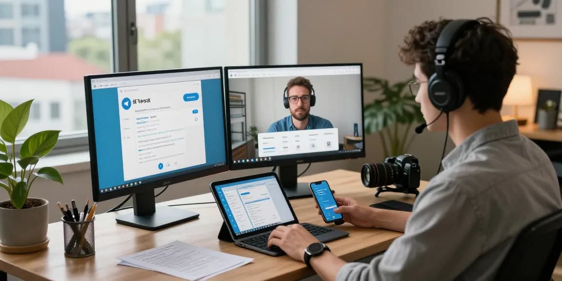 Engaged professional using 纸飞机中文版 on dual monitors, showcasing a modern workspace.