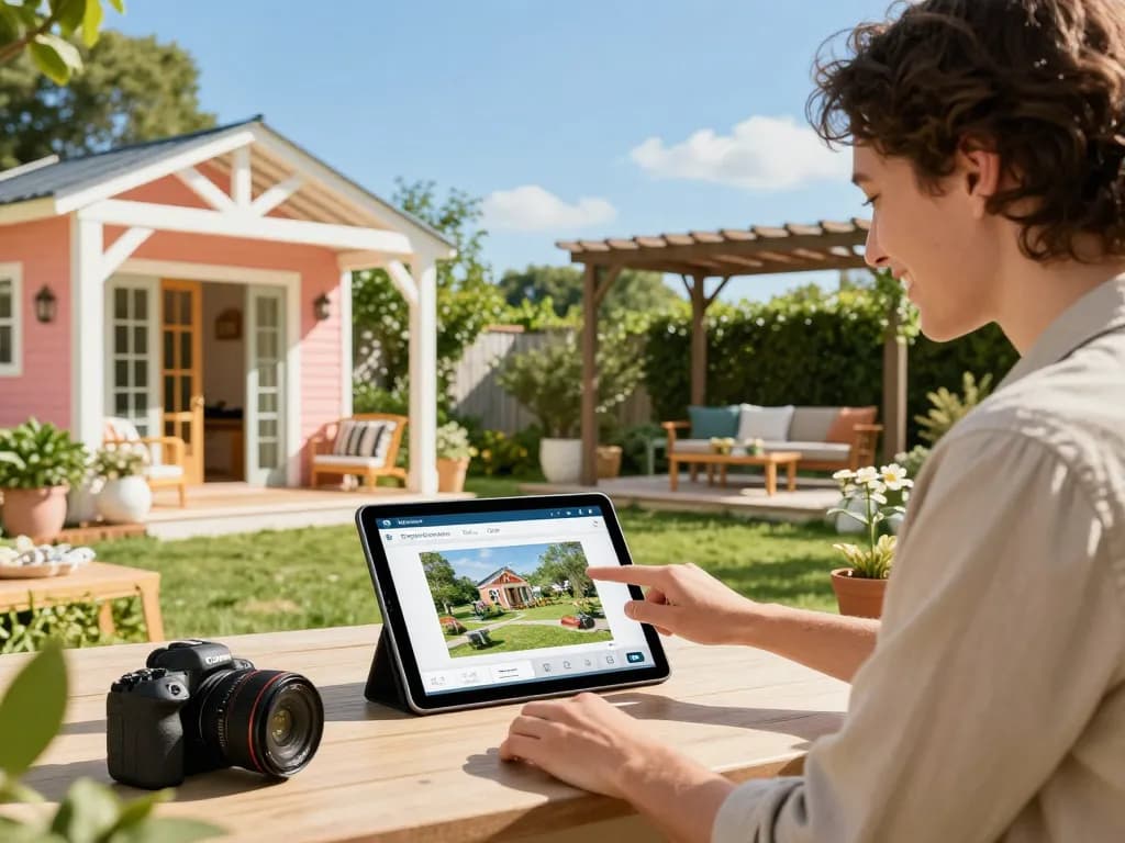 Customer using Pergola Configurator Software in a sunny garden with stylish outdoor designs.