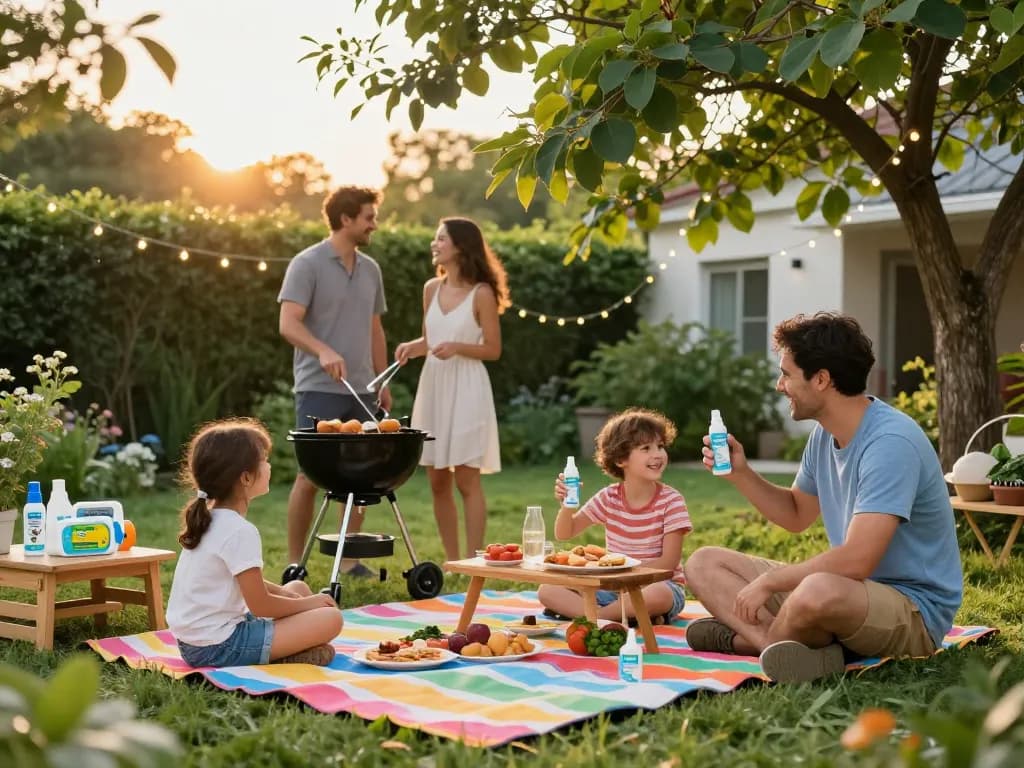 Family enjoying a barbecue while using the Best Mosquito Repellent for outdoor protection.