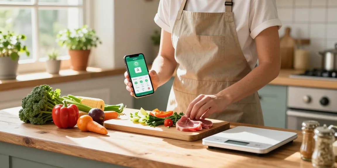 Using the best calorie tracker app to prepare a nutritious meal in a sunny kitchen.