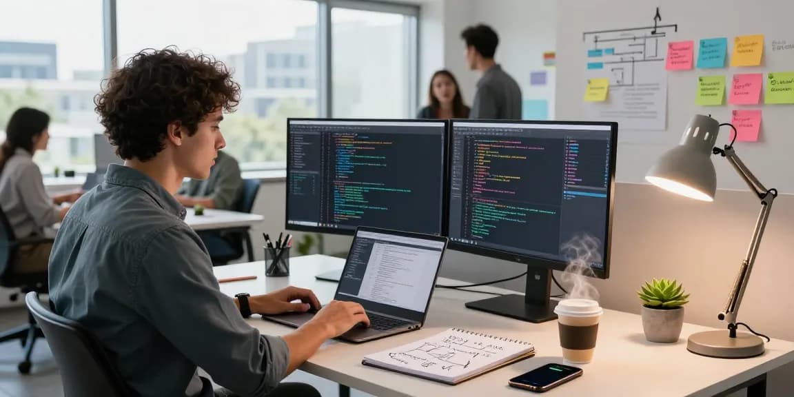 Innovative workspace showcasing a developer utilizing teiegramin.com for project collaboration and coding.