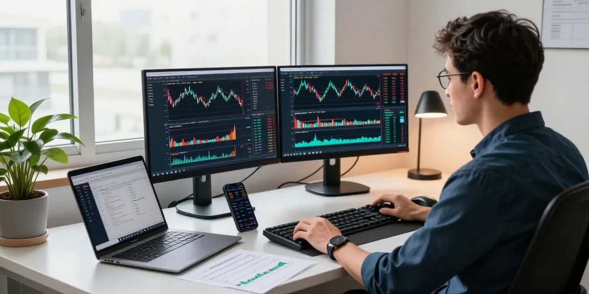 Trader using MetaTrader 5 on dual monitors in a modern office environment, showcasing dynamic trading analytics.