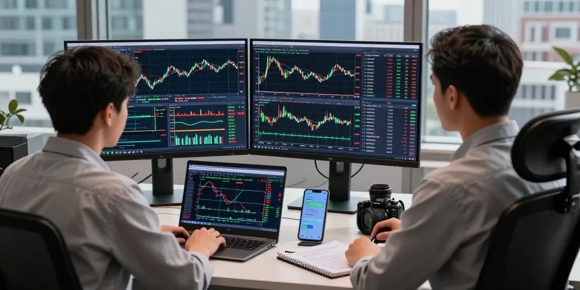 Trader analyzing MetaTrader 4 charts in a professional forex workspace with real-time data.