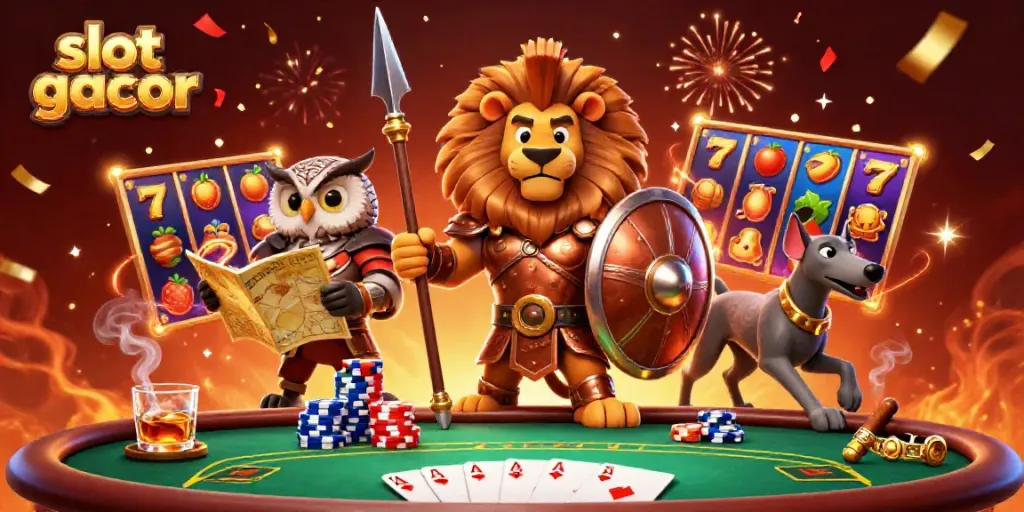 Experience the excitement of slot gacor with vibrant illustrations of a Spartan lion and game elements.