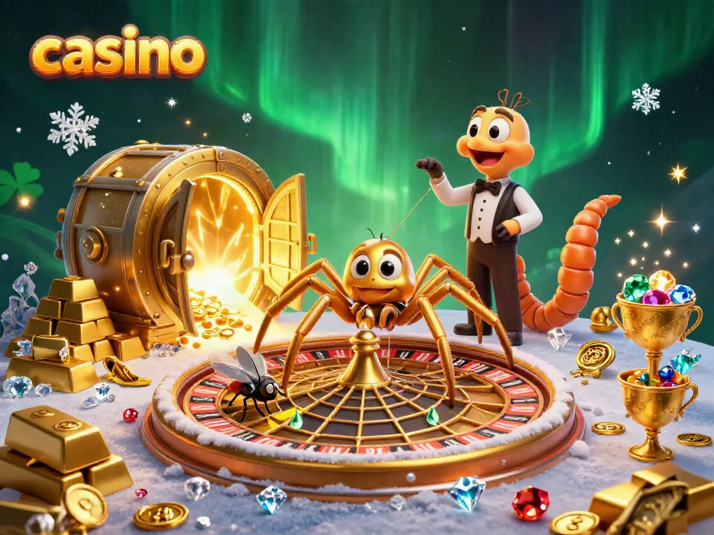 Experience the thrill of casino gaming with a golden spider and a croupier in a dazzling 3D scene.