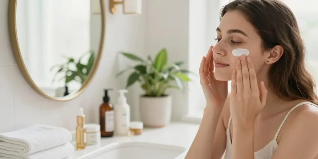 Augenringe wegbekommen mit beruhigender Augencreme in hellem Badezimmer.