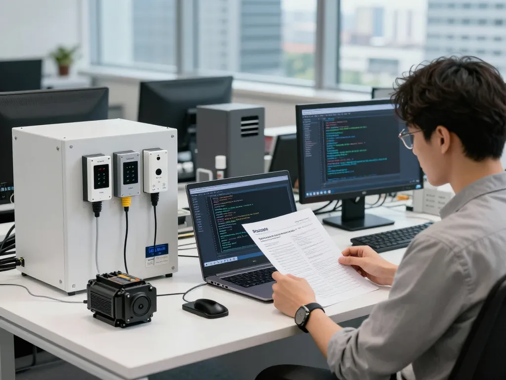 Hải Phòng Tech professional analyzing automation equipment in a modern workspace.