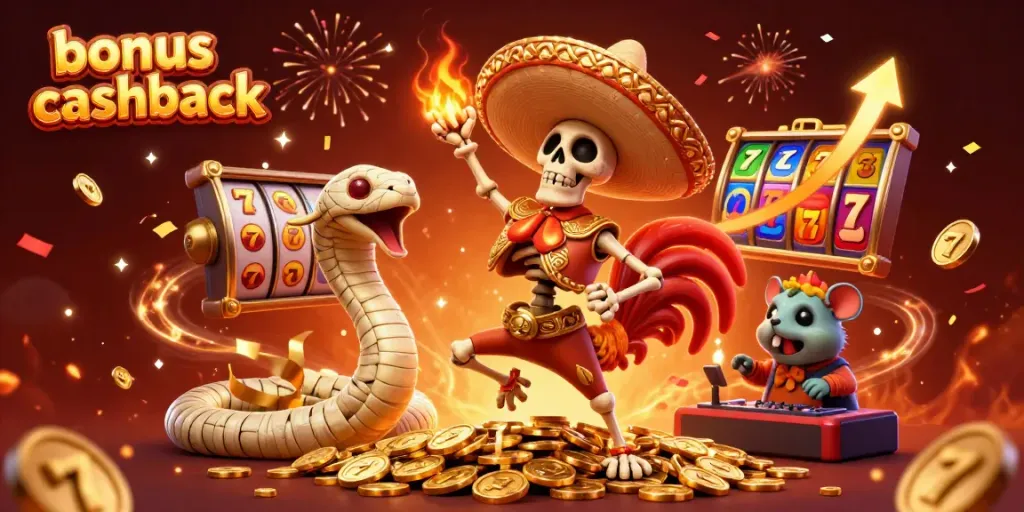 Experience bonus cashback delights with a festive 3D casino scene featuring a vibrant mariachi rooster and animated reels.