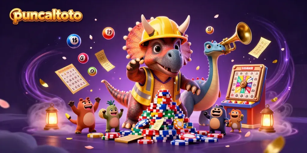 Gambarkan puncaktoto dengan karakter ceria merayakan permainan togel dan jackpot yang menarik.
