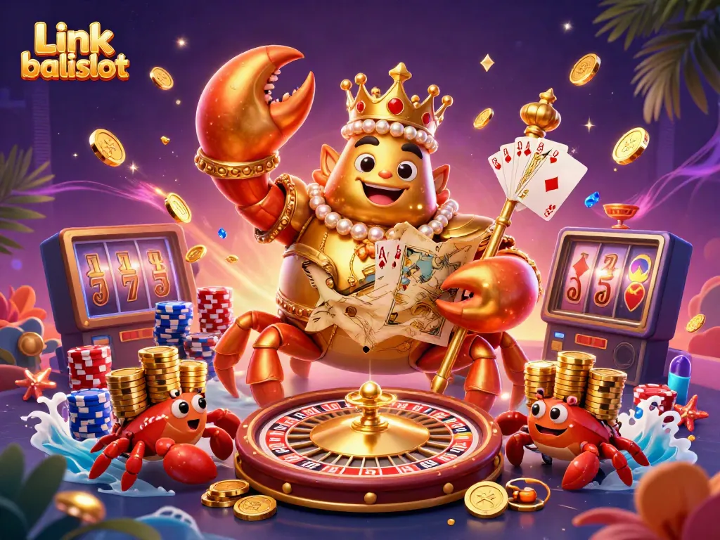 Experience the thrill of Link balislot with a 3D golden crab emperor amidst cascading coins and vibrant casino elements.