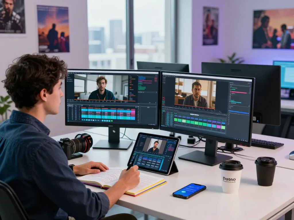 Scene depicting a video to prompt ai expert analyzing video content in a modern workspace with dual monitors and creative ambiance.
