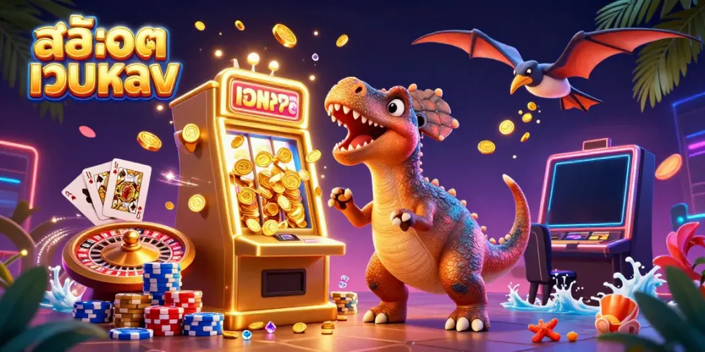 Experience excitement with สล็อตเว็บตรง as a cartoon pachycephalosaurus hits a golden slot machine amidst flying coins.