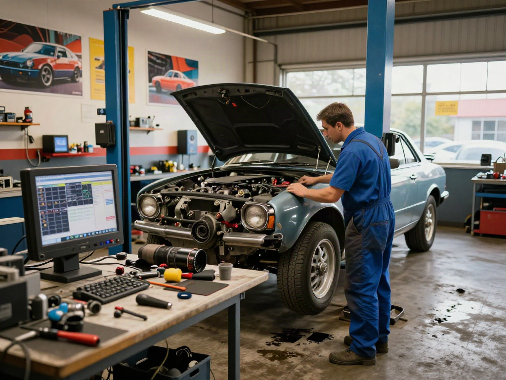 Mechanic working on vintage car engine in automotive workshop with bro138 tools.