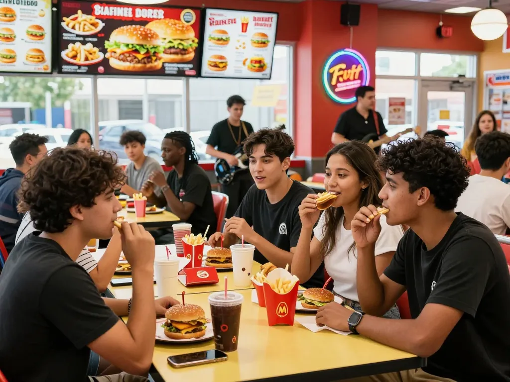 Group of friends enjoying a fast food menu with burgers and fries in a vibrant restaurant.