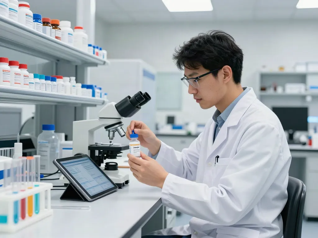 Scientist examining Swiss Chems peptides in a modern research lab.
