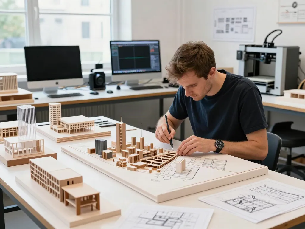 Architectural model maker Denmark crafting city planning model with precision tools in a bright workshop