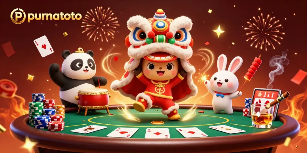 purnatoto menampilkan aksi karakter dalam kostum singa, dikelilingi permainan poker yang meriah
