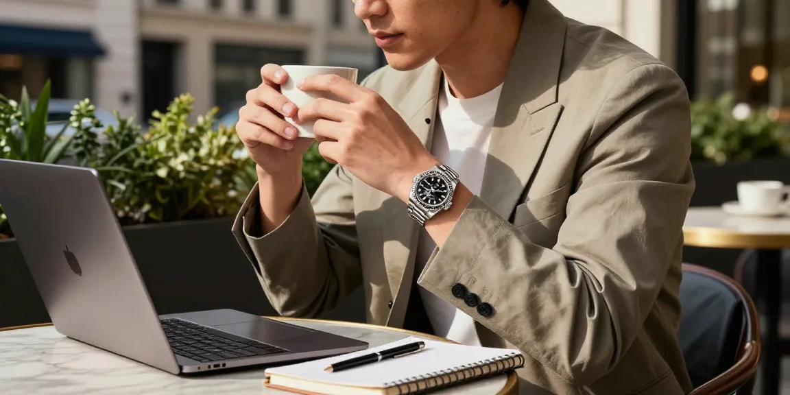 Stylish individual showcasing a luxury rolex super clone watch while enjoying coffee at an urban café.