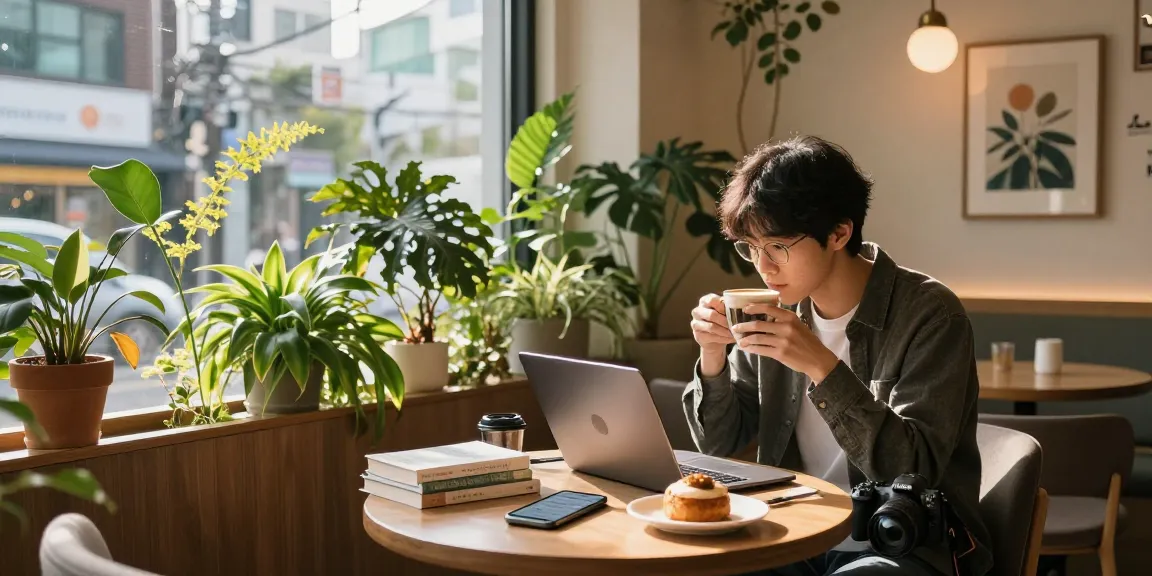강남쩜오에서 편안하게 커피를 즐기며 작업하는 모습의 분위기 좋은 카페