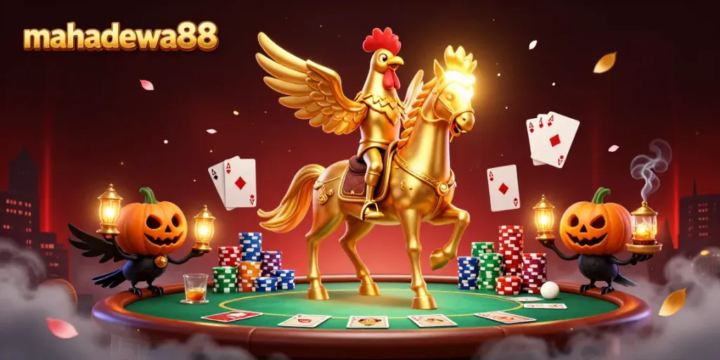 Engage with mahadewa88's thrilling casino experience, combining elements of poker and magical atmosphere in a vibrant illustration.
