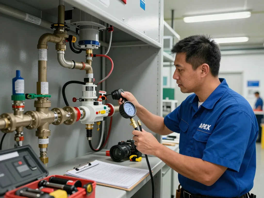 Expert plumber conducting maintenance on backflow plumbing services in a commercial setting, ensuring safe water supply.