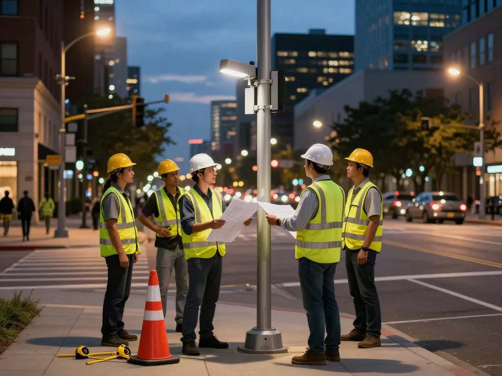 Professionals reviewing plans for light pole installation in an urban setting, highlighting light pole manufacturers’ importance.