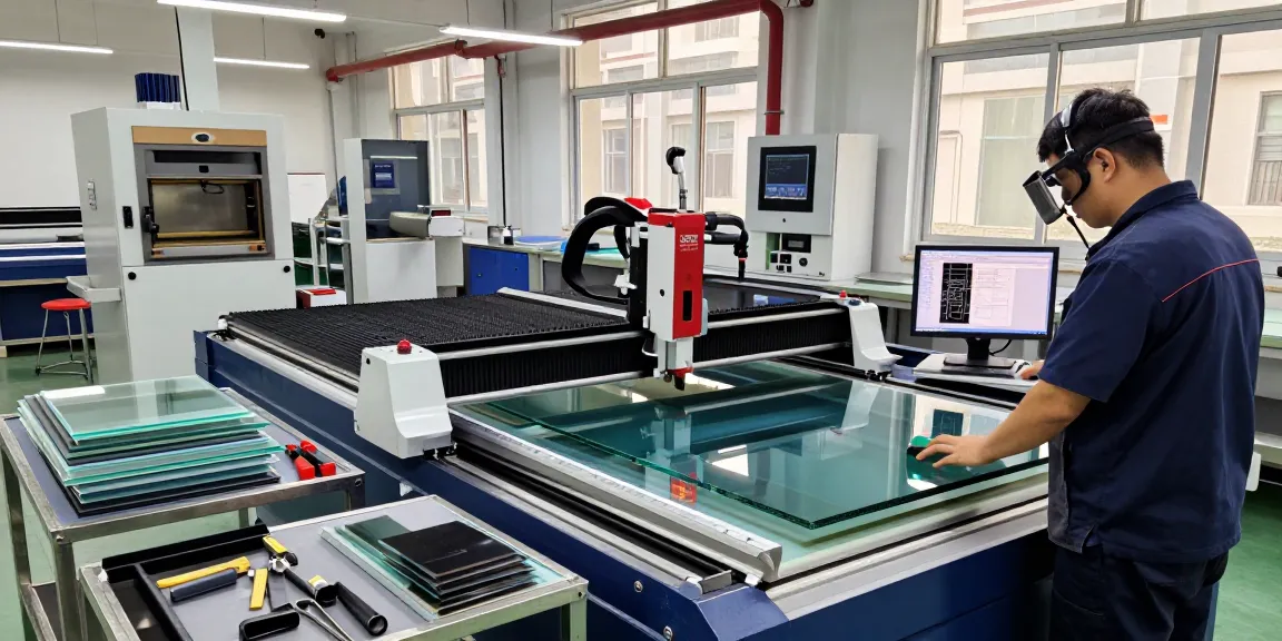 Technician using a glass cutting table in a high-tech glass processing workshop.