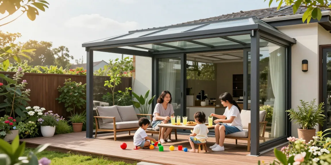 Moderne Terrassenüberdachung mit Familie, die einen sonnigen Nachmittag genießt.