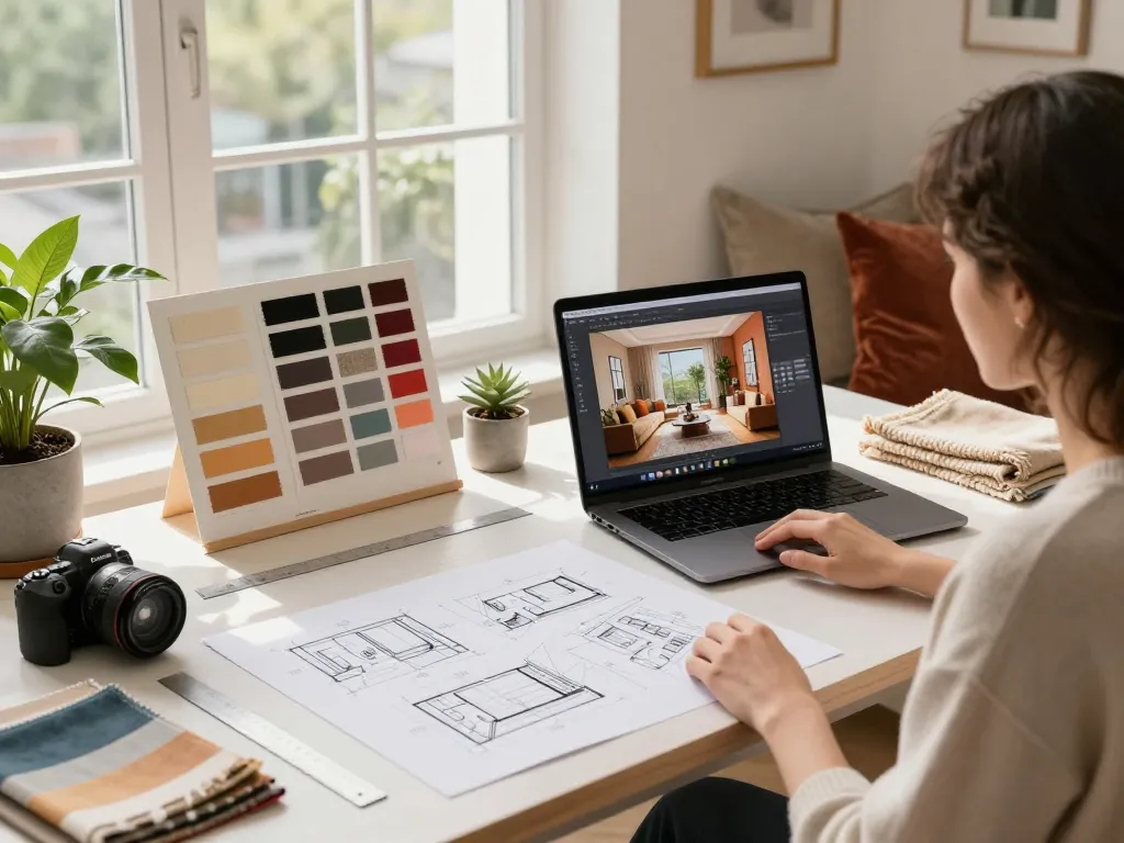 Espace de travail d'un décorateur mettant en avant des designs et des décorations vibrants à Béziers.