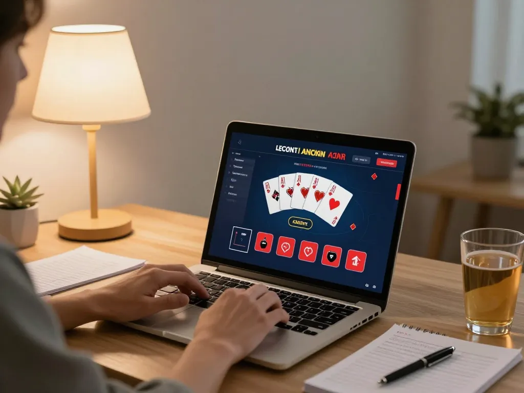 Engaged player using Jun88 for online poker in a cozy gaming space.