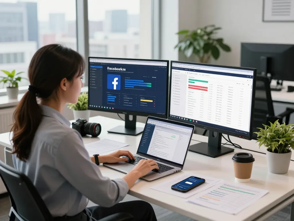 Engaging workspace illustrating the benefits of a facebook agency account for rent, showcasing ad campaign management and data analysis.
