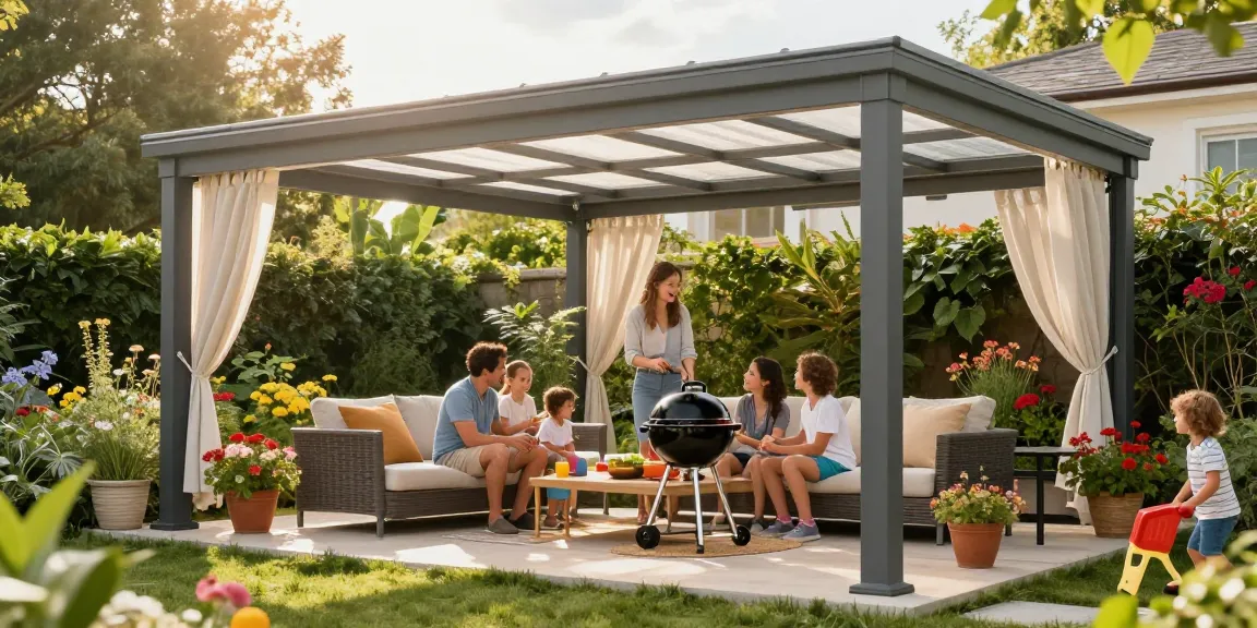 Familie genießt eine freistehende Terrassenüberdachung im Garten bei Sonnenlicht.