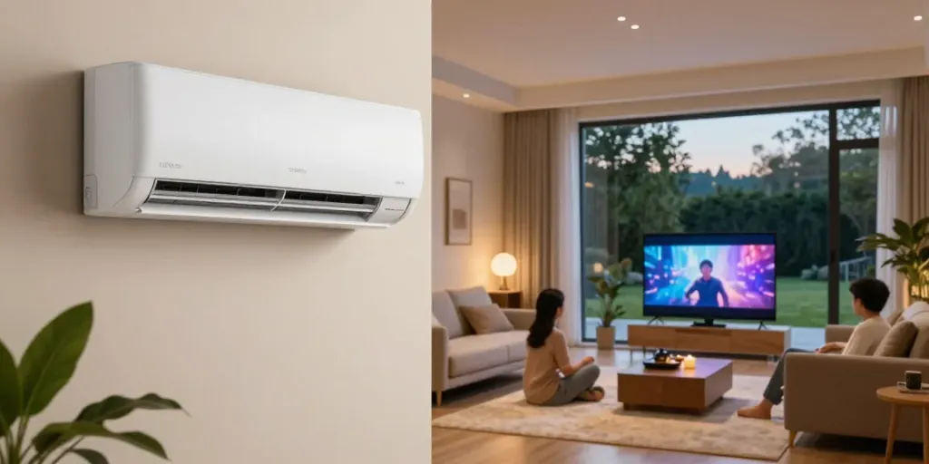 Cozy living room scene showcasing a 12000 BTU mini split air conditioner in use, with a family enjoying a movie night.