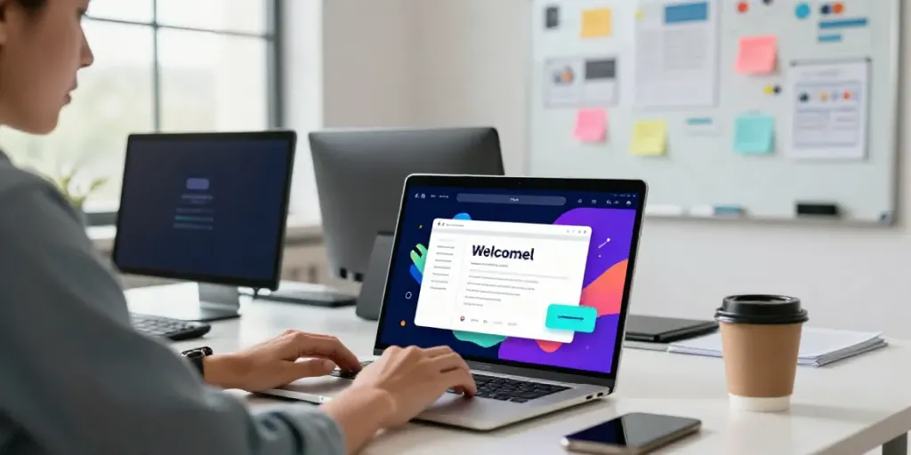 AI tools for welcome emails shown in a dynamic workspace with a digital marketer creating engaging content.