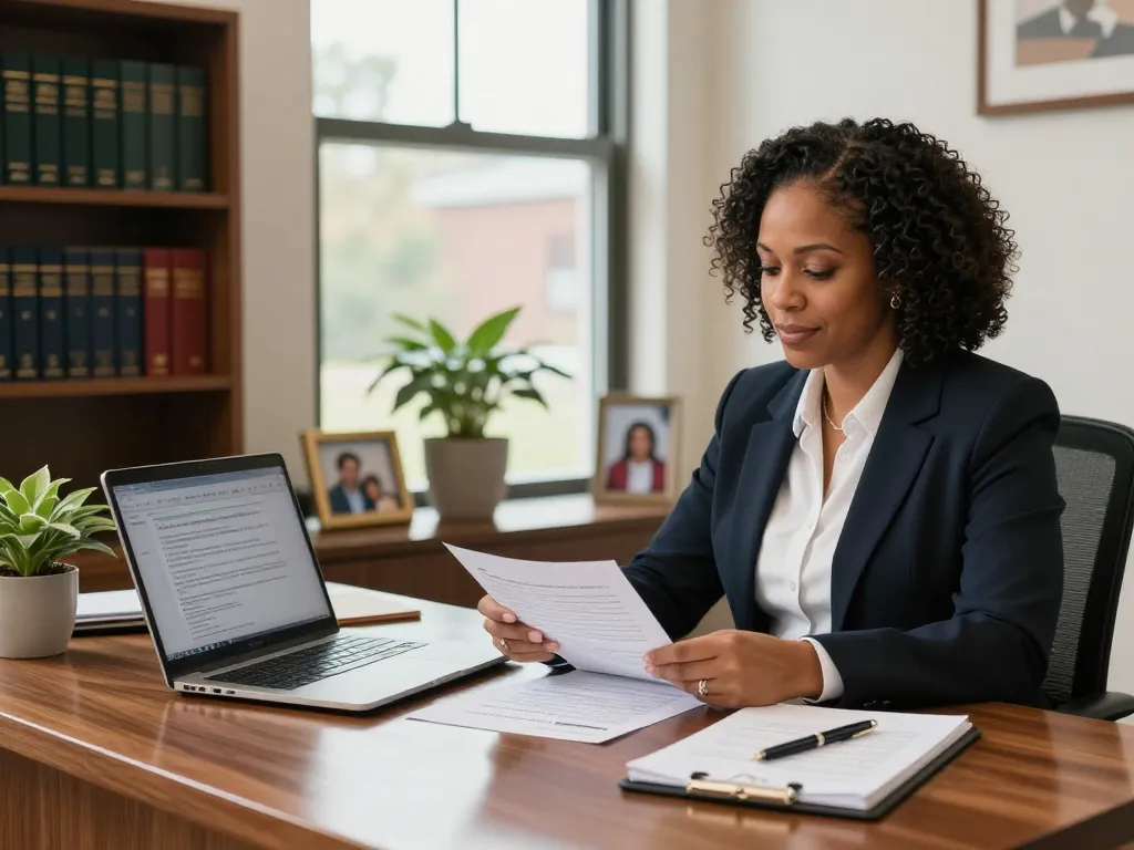 Maryland divorce lawyer Vanessa R. Dozier reviewing case documents in her inviting law office.